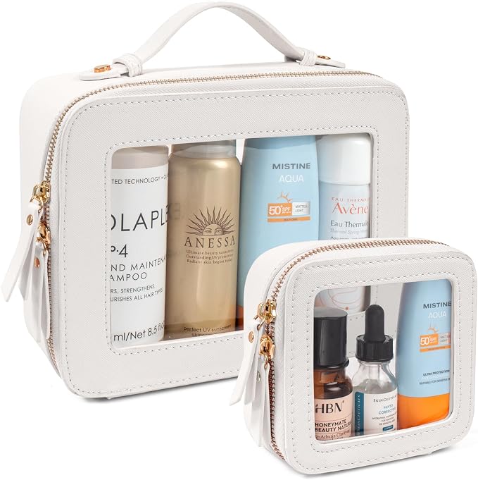 LETGO 2 Pack Clear Sunscreen Bag for Beach, Large & Mini Waterproof PU TSA Approved Cosmetic Pouches,Portable Beach Vacation Makeup Organizer Set,See Through Skincare Sunscreen Bags for Women by LETGO