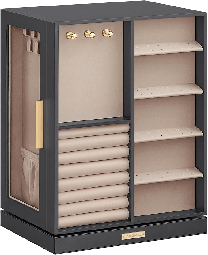 SONGMICS GISELLA Collection - Jewelry Box Organizer 360° Rotating, Vertical Jewelry Storage Case with 5 Drawers, Glass Window, Spacious, Open Design, Great Gift, Slate Gray UJBC170G01 - Image 6