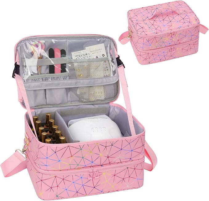 Ethereal Nail Polish Organizer Case Holds 50+ Bottles (5ml/0.5fl.oz) and Nail Lamp, Leather Nails Storage Organizer with Compartment, Diamond Pink by Ethereal