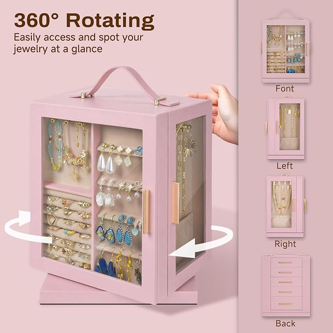 360° Rotating 5‑Drawers Jewelry Box with Top Handle & Glass Window, Spacious Vertical Jewelry Organizer, Jewelry Storage Case, Dustproof & Moisture‑resistant Design. (Pink) - Image 4