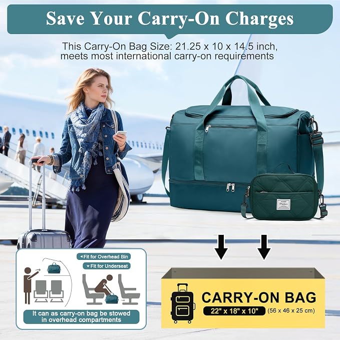Extra Large Travel Duffle Bag,Carry on Overnight Bag with Shoes Compartment,Weekender Bags for Women for Travel Business Trips Sport Hospital,3 Pcs Set,Peacock Blue - Image 2