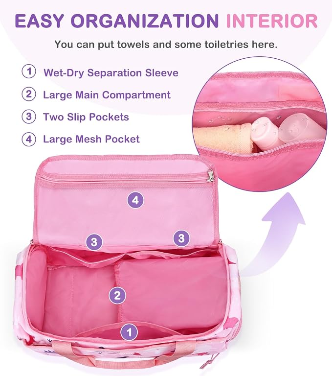 Kids Duffle Bag,VASCHY Travel Bag for Toddler Children Girls Water Resistant Overnight Duffel Ballet Dance Sport Carry On Weekender with Shoes Compartment Dry Wet Pocket Pink Dinosaur - Image 3