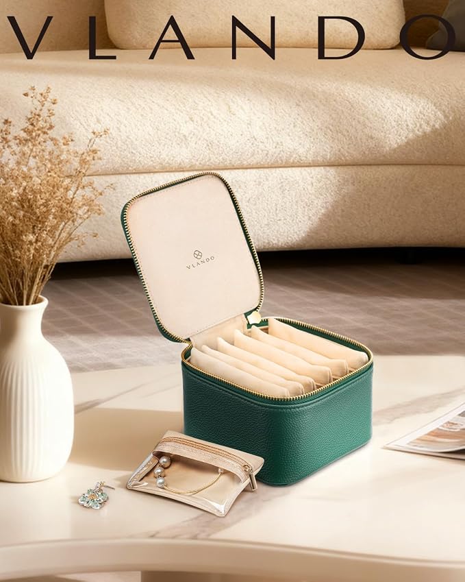 VLANDO Gifts for Teachers,Travel Jewelry Box with 6 Velvet Jewelry Zipper Pockets Jewelry Case Premium Petal Hardware Travel Jewelry Organizer Graduation Gifts (Green) - Image 9