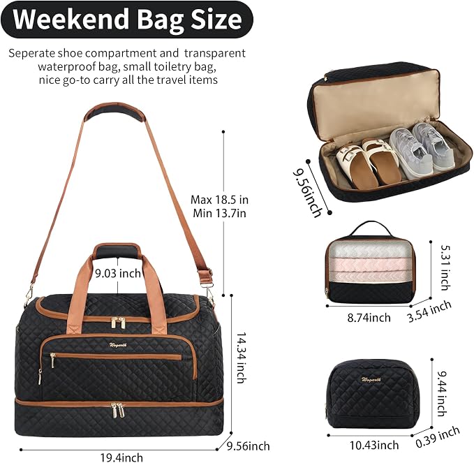 Wogarl 3PCS Weekender Bags for Women Large Overnight Bag Weekend Travel Duffel Bag Carry on Shoulder with Shoe Compartment Canvas Toiletry Bag for Travel Business Gym,Black - Image 4