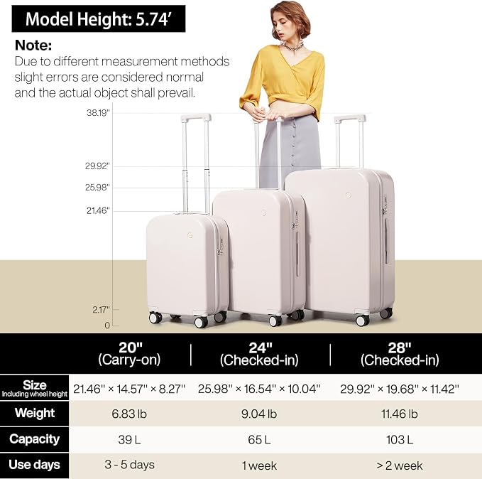 mixi Luggage Suitcase with Spinner Wheels, Hardside Rolling Suitcase PC with Cover & TSA Lock Lightweight Travel Case 26in Checked in, Off White（Slight Pink） - Image 6