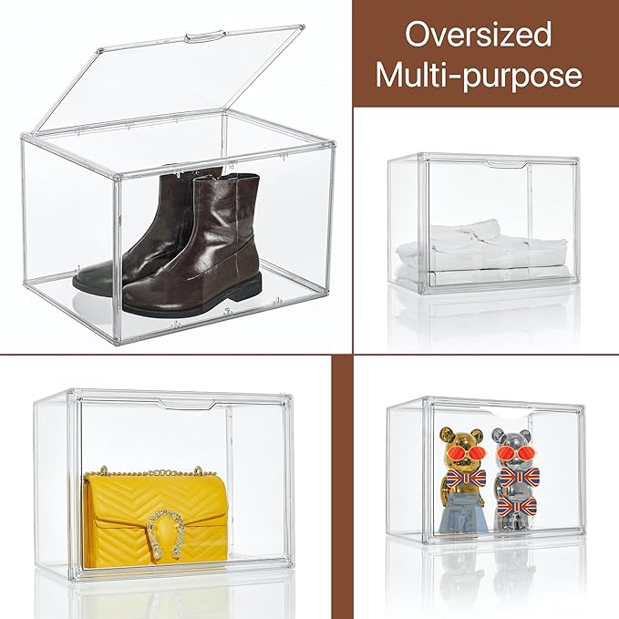 Attelite XXX-Large Clear Display Case Stackable Plastic Storage Bins with Lid, 2 Tiers Boot Shoe Box Organizers with an Adjustable Divider, Big Acrylic Display Storage Box with Magnetic Door - Image 5