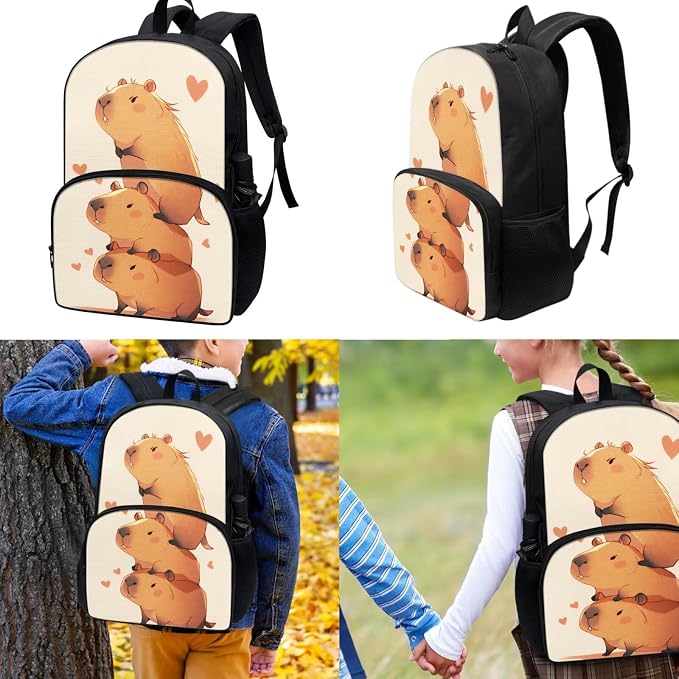 Capybara Bookbag for Kids 6-8 with Lunch Box, 17 Inch Large Capacity Elementary School Student Backpack and Lunchbox Pencil Case 3Pcs Girls School Bag Lunch Bag Set - Image 3