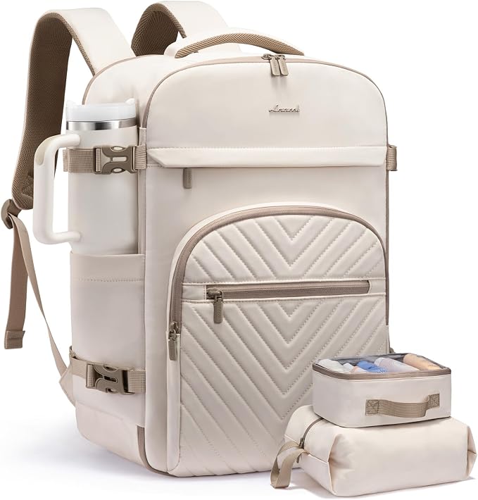 LOVEVOOK 50L Travel Backpack for Women Men, TSA Personal Item Travel Bag Fits 17.3inch Laptop, Waterproof Airline Approved Carry On Luggage With 2 Cubes for Weekender Hiking Business, Beige by LOVEVOOK