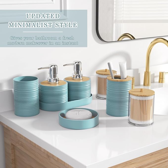 XLHOMO Light Blue Bathroom Set - 10PC Bathroom Accessories Set, Luxury Bathroom Accessory Set with Trash Can,Toilet Brush & 2 PC Soap Dispensers for Apartment Decor and Housewarming - Image 3