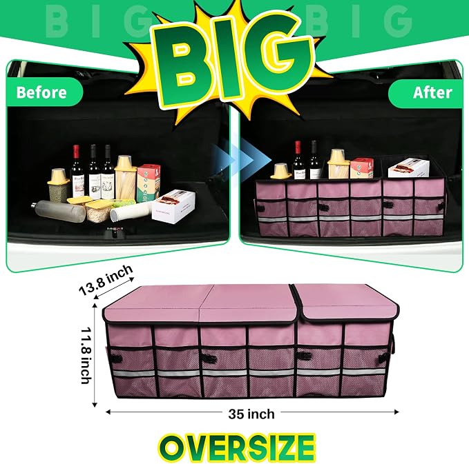 Big Car Trunk Organizer, Cargo Organizer SUV Trunk Storage Non Slip Bottom Waterproof Collapsible Durable Multi Compartments-(Oversize,Pink) - Image 3