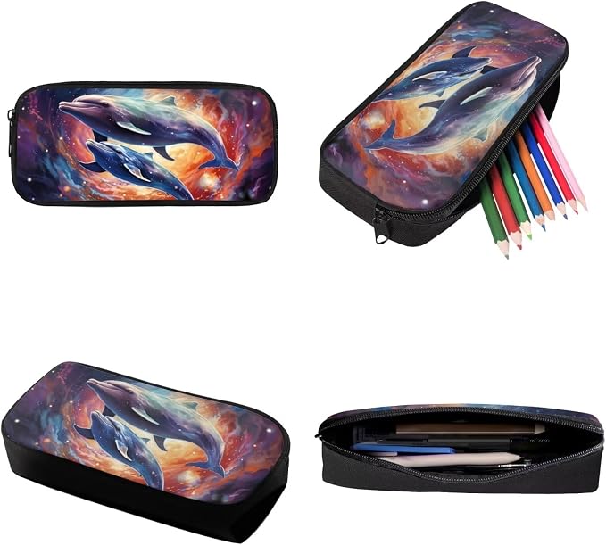 Galaxy Dolphin Print Backpack Set Schoolbag for Student Large Capacity Bookbag Lunch Box Pencil Case 17 Inch Travel Laptop Backpacks Fashion Rucksack Daypack with Side Pockets - Image 6