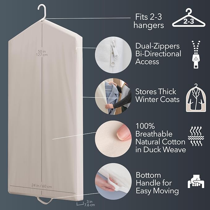 Luxury Cotton Garment Storage Bag, 24x50 Inch, Breathable Washable Reusable, for Hanging Clothes Short Dresses Jackets Suits, Fits 3 Hangers, Zipper Window (1, 24x50x3) - Image 2