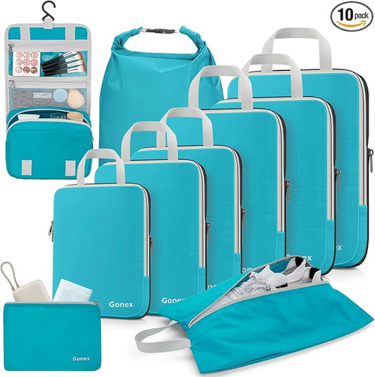 Gonex 10 Set Compression Packing Cubes, Expandable Storage Travel Bags for Suitcase, Luggage Organizers with Hanging Toiletry Bag Laundry Bag Shoe Bag Accessories Bag (Blue) by Gonex