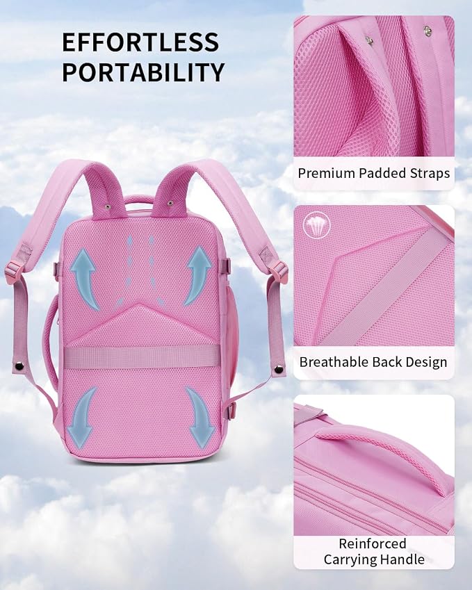 ECOHUB 17" Small Travel Backpack, United Airlines Personal Item Bag 17x10x9 with 16 Pockets, Water Resistant Rucksacks Fit 15.6" Laptop, AirTag Pocket, Lightweight Casual Daypack, 25L, Pink - Image 5