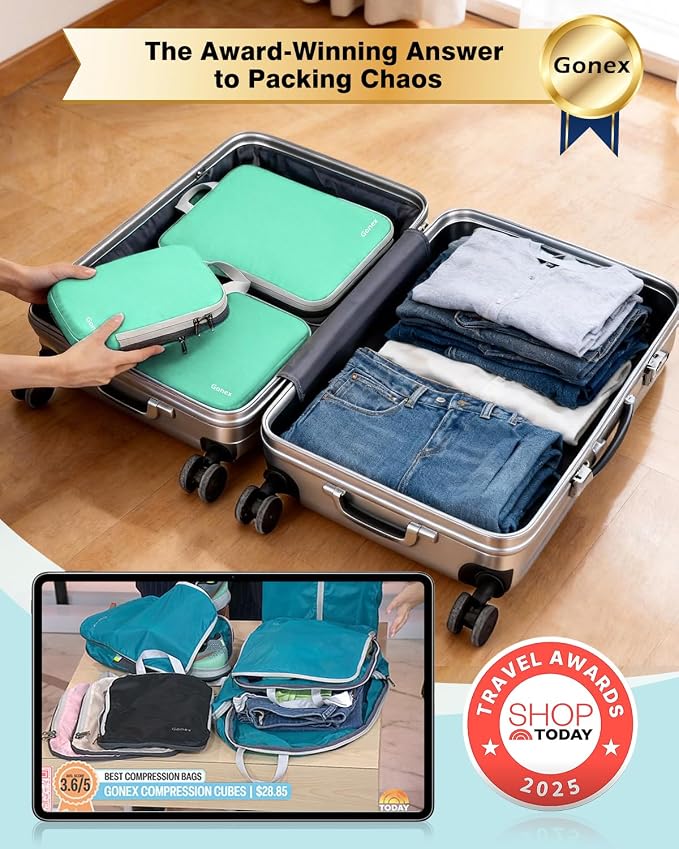Gonex Compression Packing Cubes, 4pcs Expandable Storage Travel Luggage Bags Organizers (Mint Green) - Image 2