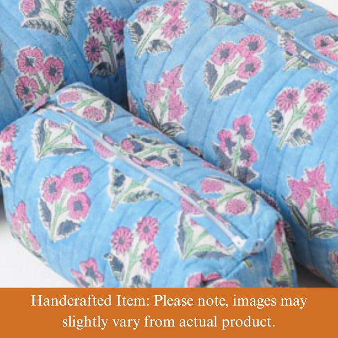 Saffron Marigold Quilted Makeup Bag Set of 3, Hand Block Printed Cotton Cosmetic Bags for Women, Waterproof Lined Travel Toiletry Bag, Coquette Floral Aesthetic, Handmade Gift, Denim Rose - Image 2
