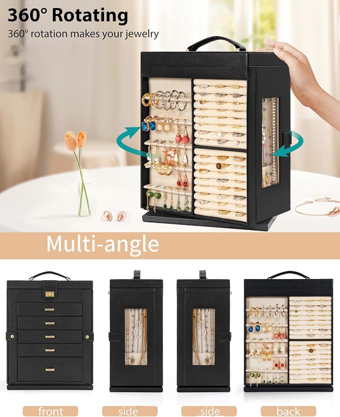 AKOZLIN 6-Tier Jewelry Box Organizer Functional 5 Drawers Leather Jewelry Storage Case for Women Girls Ring Necklace Earring Bracelet Holder Organizer with Mirror XL Black 360° Rotating - Image 3