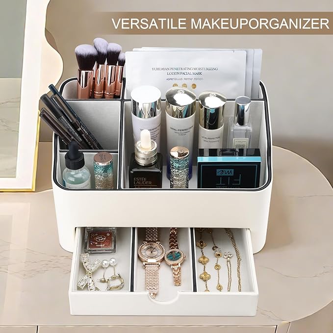 KINGFOM PU Leather Makeup Organizer with Drawer, Skincare Organizer for Vanity, Cosmetic Storage for Dresser Countertop, Beauty Holder for Lipstick Brush Skincare (Ivory White) - Image 4