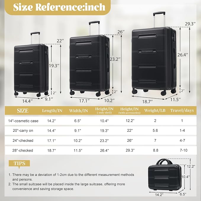 Merax Luggage Set 6 Piece,Lightweight Hardshell Suitcase with Wheels | 14 IN Cosmetic Case 20/24/28 IN Luggages with Handle Password Lock Duffel Bag and Toiletry Bag,Black - Image 2