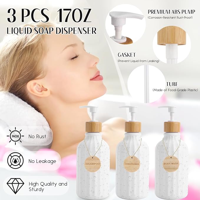 34PCS Bathroom Accessories Set with Shower Curtain,Rugs,Bath Towel,Trash Can,3PCS Lotion Soap Dispenser, Toothbrush Holder, Soap Dish,Tumbler Cup,6PCS Wood Tags Bath Accessories with Tray for Bathroom - Image 6