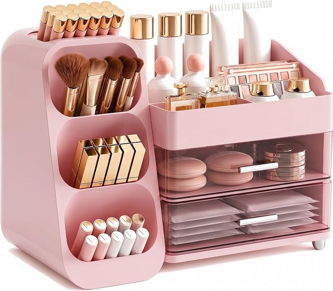 Booklov Makeup Organizer for Vanity, Large Capacity Cosmetic Display Case with Clear Acrylic Drawer, Countertop Beauty Storage Holder for Skincare, Brush Eyeshadow Lipstick, Counter Desk, Crystal Pink by Booklov