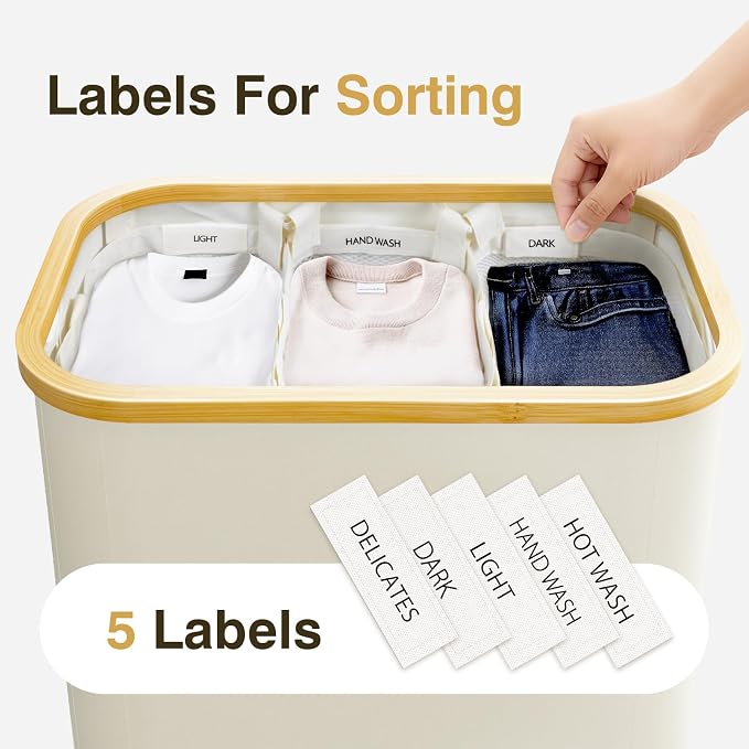 Hampers for Laundry Basket with Lid, 160L Large Laundry Hamper 3 Section | Dirty Clothes Hamper Separator with 3 Removable Bags & 5 Labels, Divided Laundry Organizer for Bedroom, Laundry Room, Beige - Image 4
