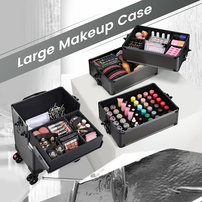 Yueieoun 5 in 1 Makeup Train Case, Cosmetology Case on Wheels Travel Make up Case Rolling Nail Cart Makeup Organizer Cosmetic Storage Box Cases Extra Large Trolley Truck, 360° Swivel Wheels, Ashy Grey - Image 5