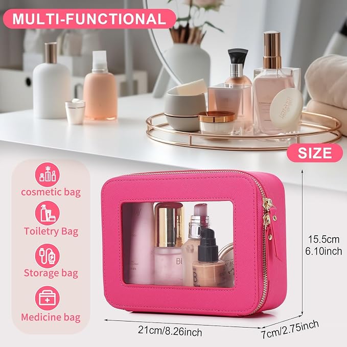 Pinkmik Clear Makeup Bag for Women Waterproof Travel Cosmetics and Toiletries Case Portable Makeup Oaganizer Bag Clear Car Bag with Zipper (X/Fuxia, M) - Image 3
