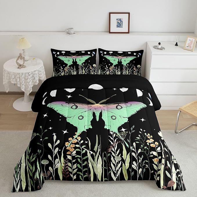 Erosebridal Teens Moth Bedding Set Queen, Aesthetic Flower Comforter Set Bohemian Sun Moon Duvet Sets for Kids Boys Adult Women, Nature Trippy Floral Bedding Comforters Goth Bedroom Decor - Image 2