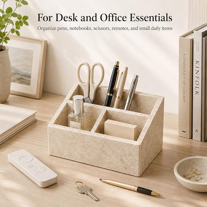 Travertine 3-Compartment Desk Organizer, Beige | Natural travertine with 3 compartments for pens, makeup brushes, skincare bottles, office supplies and vanity items - Image 7