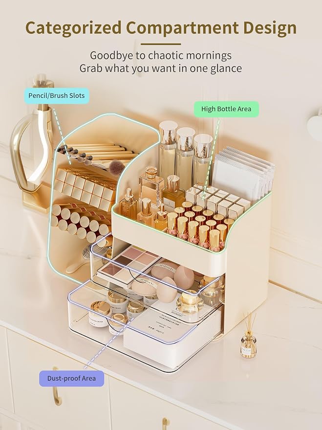 Booklov Small Makeup Organizer for Vanity and Bathroom Countertop, Cream | Clear Acrylic Cosmetic Display Case, Beauty Brush Holder for Dresser Counter Skincare Eyeshadow Lipstick Perfume Storage - Image 3