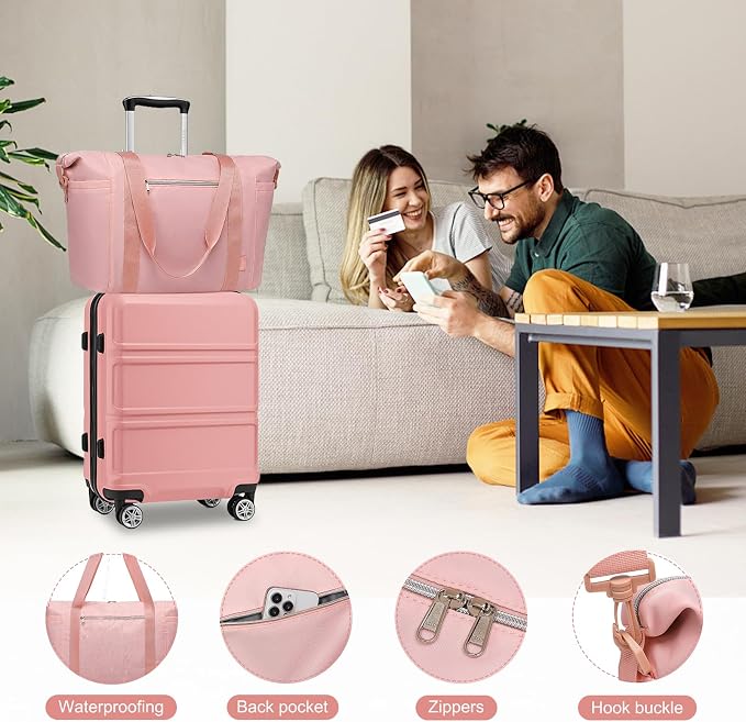 Kono Suitcase Set 2 Piece Carry On with Tote Bag | Lightweight PC+ABS Hardside Luggage with TSA Lock Spinner Wheels Nude/Rose Pink - Image 5