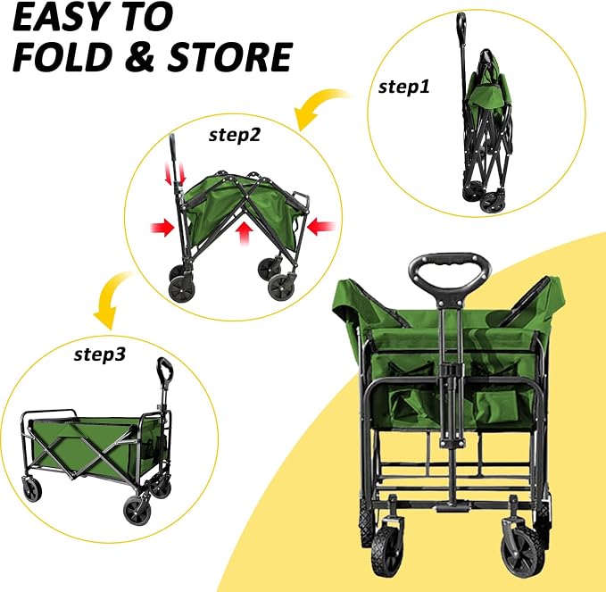Collapsible Wagon with Quiet Wheels - Silent Grocery Shopping Cart for Seniors, Foldable Utility Cart for Laundry & Apartment, Washable Heavy Duty Rolling Wagon with Two Mesh Pockets, Green - Image 5