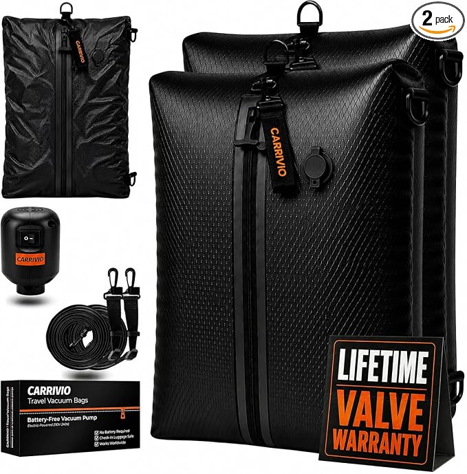 Vacuum Seal Bags for Clothing Travel - Lifetime Valve Warranty, Waterproof - Travel Vacuum Bags with Pump, Packing Cubes Compression - Pack Smarter, Save Space with Plug-In Power (Large, 2 Count) by Unknown
