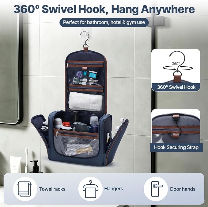 ZAHNI Men’s Hanging Toiletry Bag, Large Capacity Toiletry Organizer | Water-Resistant Toiletry Bag With 360° Hook, Multiple Compartments For Grooming & Shaving, Ideal For Travel & Business, Navy - Image 4
