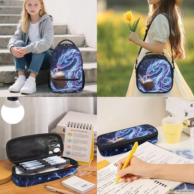 Cool Lightning Snake Print Backpack Set for Kids 4-Piece Animal Pattern School Bag with Lunch Box for Boys Elementary Back to School Supplies Ages 5-12 - Image 2