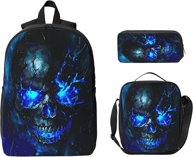 Skull Kid Backpack Set with Lunch Bag & Pencil Case Large Capacity School Bag 17 Inch Bookbag for Boy Girl - Image 9