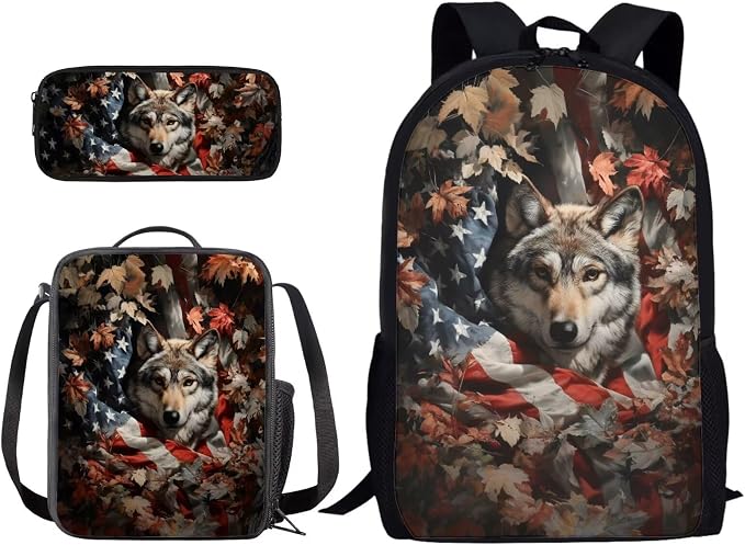 Wolf American Flag Maple Leaf Print Backpack Set for Boys and Girls, 4th of July Large Lightweight Students Schoolbag Set, Knapsack Set with Portable Lunch Box Pencil Case by PCSJRKG