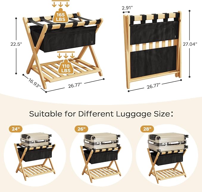 Full Assembled 26.77"L Luggage Rack for Guest Room, Set of 2 Foldable Suitcase Stand with 5 Nylon Straps & Cloth Bag, Luggage Stand Holder with Shoe Shelf for Suitcases Hotel (Natural Wood Bamboo) - Image 2