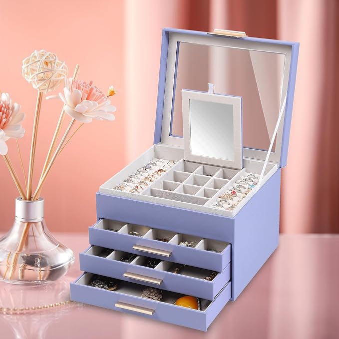 BOOVO Clear Lid Jewelry Box,3 Layers Jewelry Organizer Large Jewelry Storage Box with 2 Drawers,Jewelry Holder Organzier of Rings Earrings Necklace Bracelets for Women (Purple, 4 Layer) - Image 7