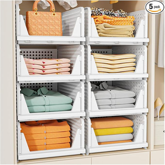 SNSLXH 5 Pack Stackable Closet Storage Basket, Multifunctional & Foldable Closet Organizer for Bathroom Kitchen Laundry Room Wardrobe Storage, Space-Saving Clothes Storage Drawer Organizer, White by SNSLXH