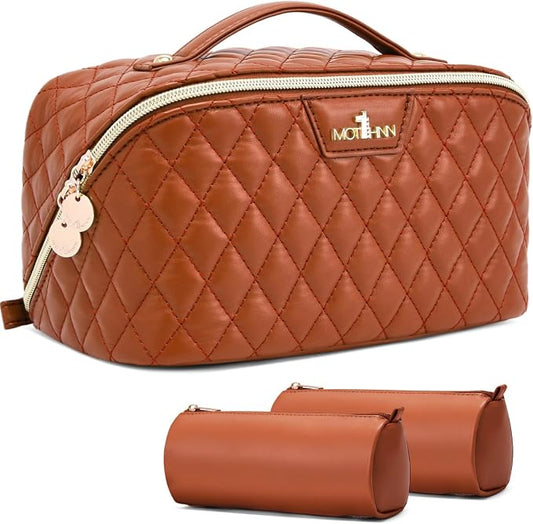Travel Makeup Bags Cosmetic Organizer: 3Pcs Set Puffy Make up Bag for Women | Brown Premium Quilted ELEGANCE Design | Large Capacity Leather Toiletry Bags | Wide Open Compact Case for Travel Essentials by Unknown