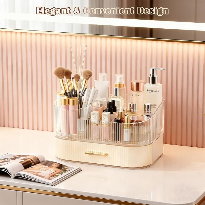 Makeup Organizer Countertop with 360 Rotating Brush Holder, Make Up Organizers For Vanity With Drawer, Bathroom Countertop Skincare Organizer And Storage - Image 6