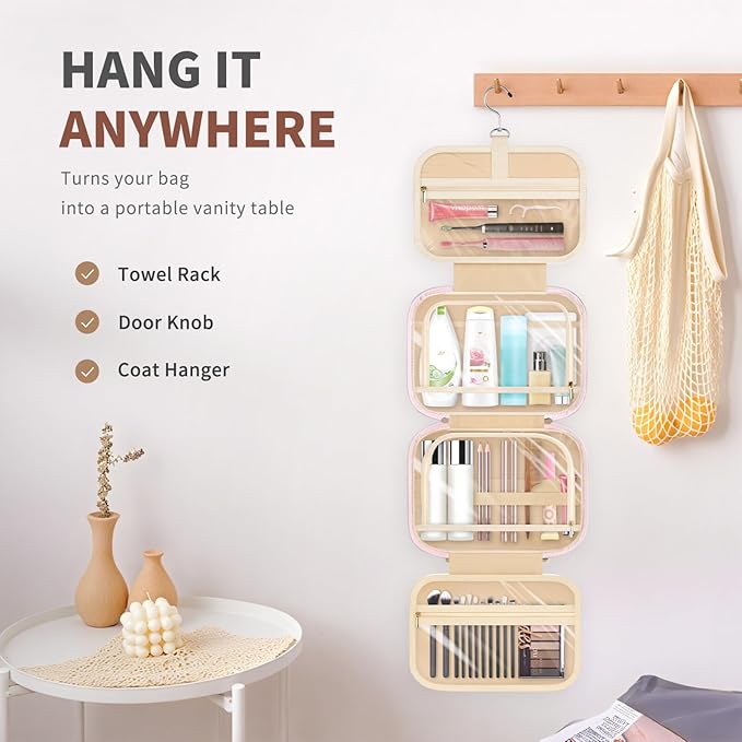 YOOLIFE Travel Toiletry Bag for Women - Hanging Toiletry Bag, Personalized Initial Toiletry Bags for Traveling Women, Portable Travel Toiletry Bag for Toiletries, Cosmetics - Letter H Pink