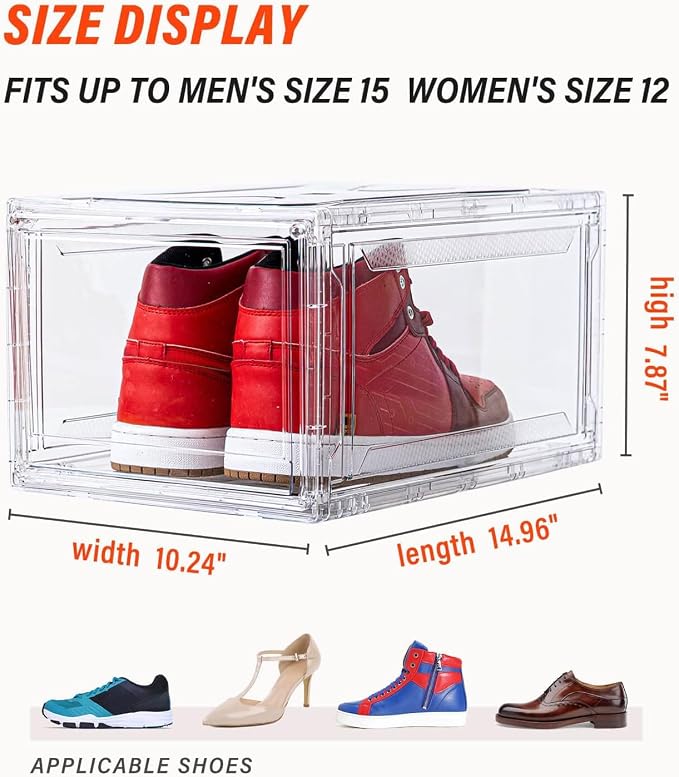 Clear Shoe Boxes Stackable 10 Pack Shoe Storage for Sneakerheads, Front Opening Shoe Organizer, Magnetic Door, Strong and Sturdy Fit for Large Size Shoes 14.96 x 10.24 x 7.87 inches - Image 2