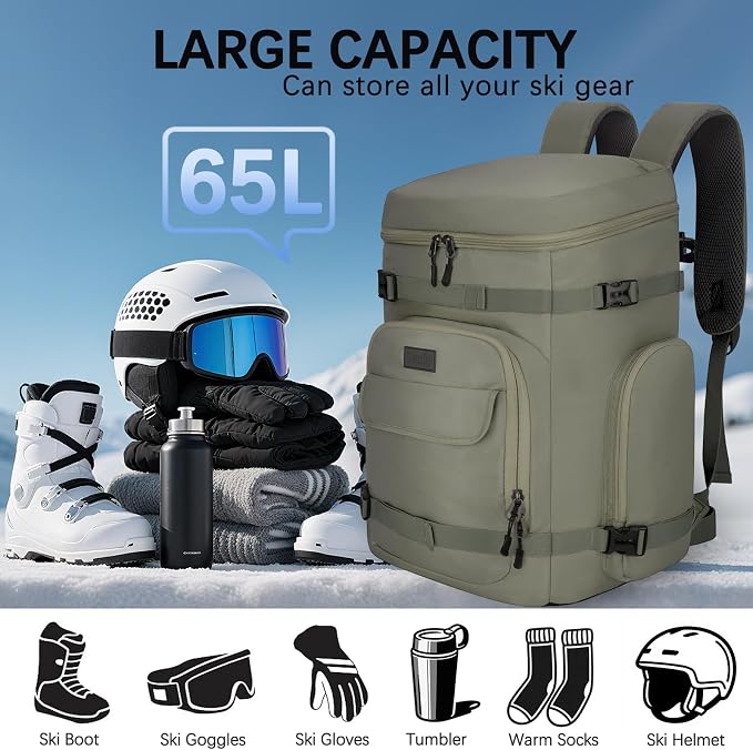 65L Waterproof Ski Boot Bag, Heavy Duty Snowboard Backpack for Helmet Goggles Gear, Air Travel Winter Sports Bag - Image 2