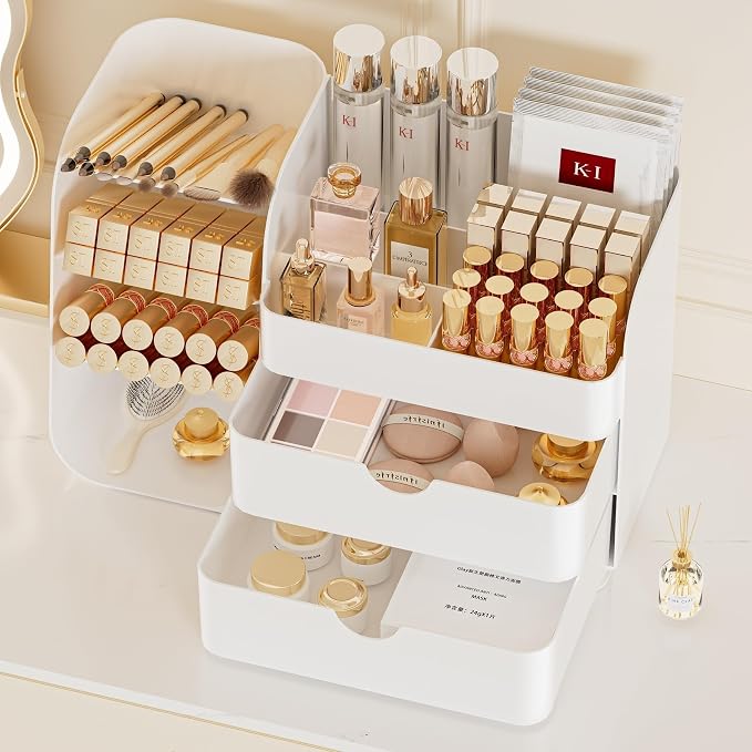 Makeup Organizer with Drawers, Large Capacity Countertop Organizer for Vanity, Bathroom and Bedroom Desk Cosmetics Organizer, Easy To Storage Skincare, Brushes, Eyeshadow, Lipstick (All White) - Image 4