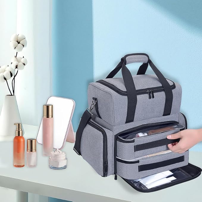Large Makeup Bag with 2 Removable Case Cosmetic,Grey | Large Makeup Bag with 2 Removable Case Multifunctional Cosmetic Bag Double Layer Travel Toiletry Organizer - Image 6
