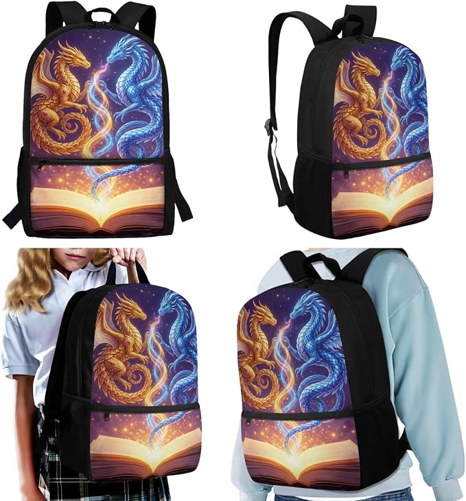 4Pcs Dragon Book School Backpack and Lunch Box for Boys, 17 Inch Large Bookbag with Pencil Case Water Bottle Holder Kindergarten Elementary Back to School Bag with Adjustable Padded Strap - Image 2