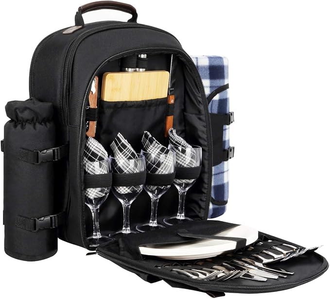 Sunflora Picnic Backpack for 4 Person Set Pack with Insulated Waterproof Pouch for Family Outdoor Camping (Black) by Sunflora